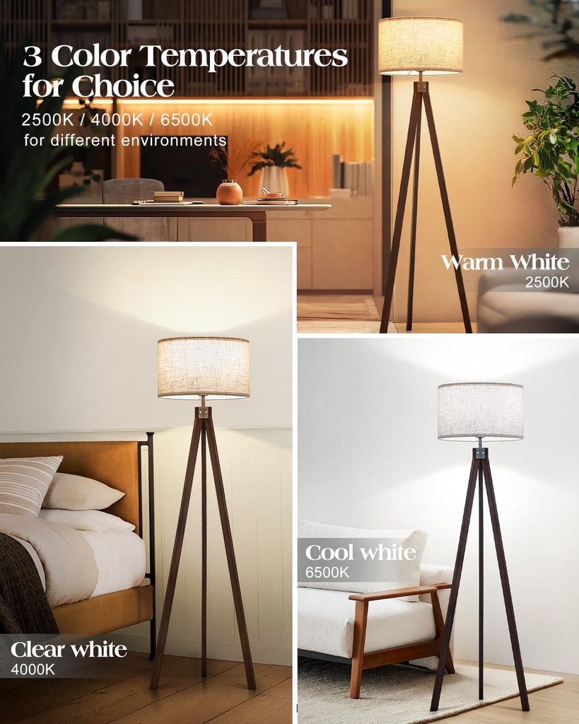 Wood Tripod Floor Lamp with 3 Color Temperatures Bulb, Mid Century Modern Reading Standing Light, Farmhouse Floor