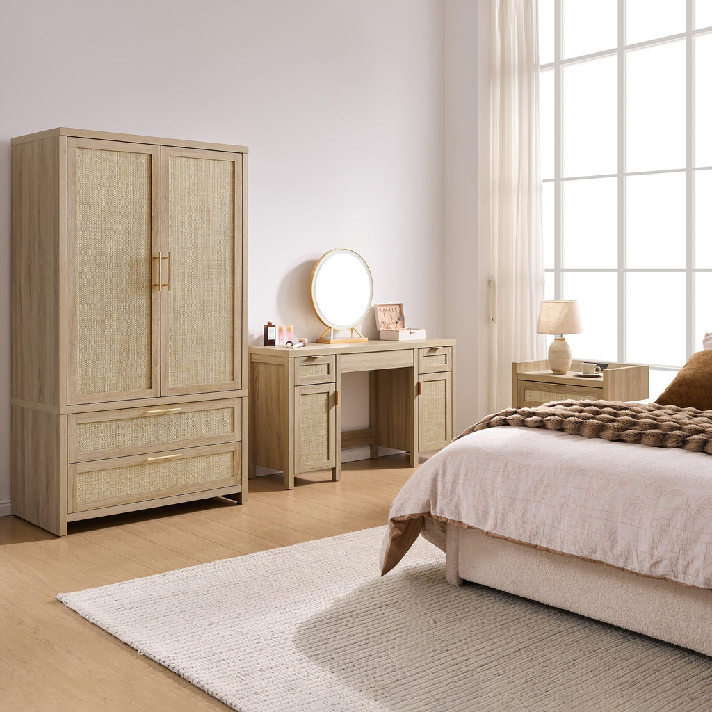 52" Rattan Vanity Desk with 3 Drawers & 2 Cabinets, Vanity Table