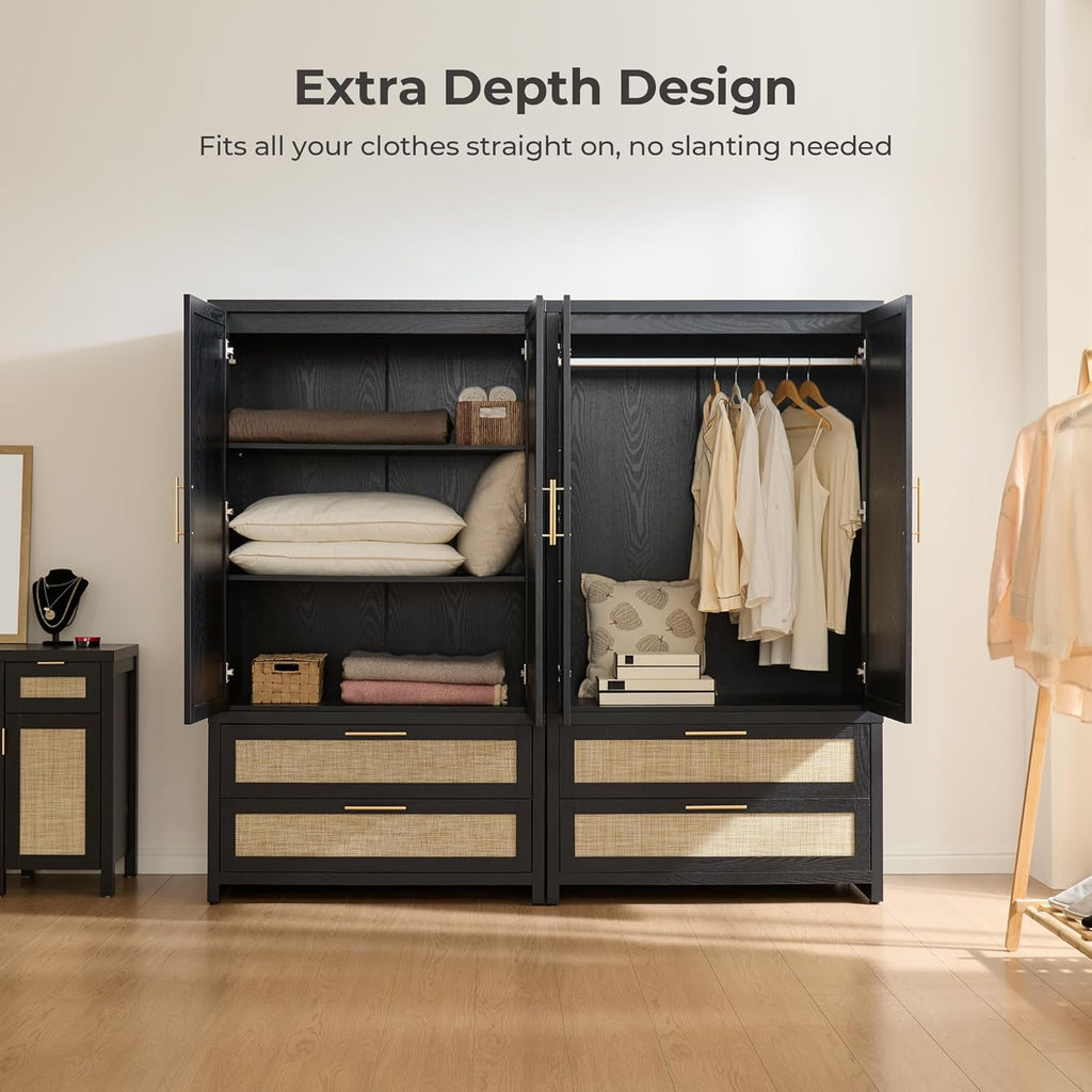 Rattan Armoire Wardrobe Closet, 71 inch Boho Wardrobe with Drawers | Farmhouse Storage Cabinet Armoire with Hanging