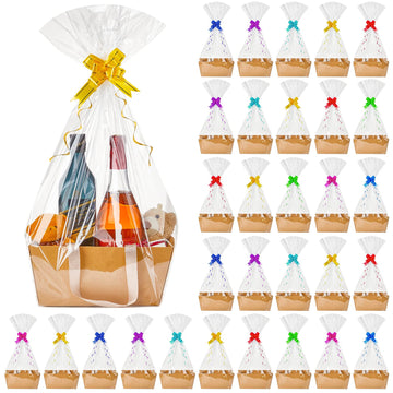 30 Pcs Basket for Gift Empty DIY Bulk Gift Basket Kit with Handle Kraft Cardboard Tray with 30 Bag 30 Bow Market Tray