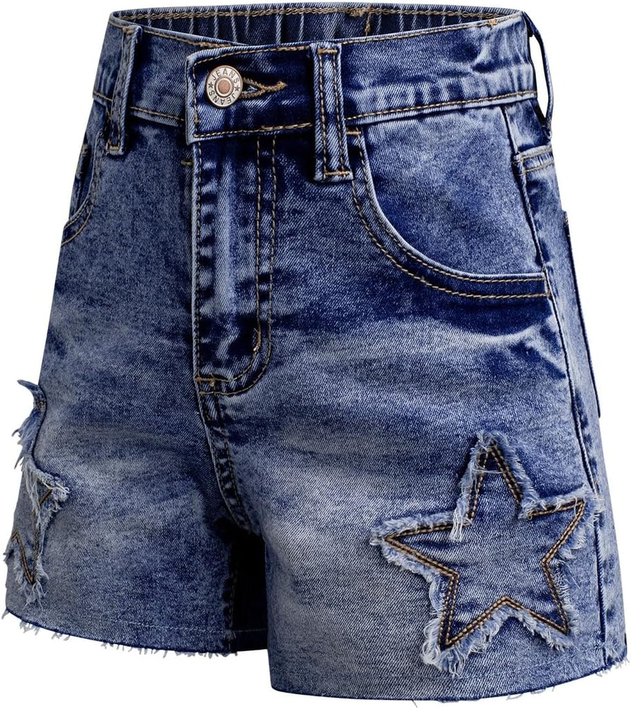 Girls Elastic High Waisted Denim Shorts Star Patched