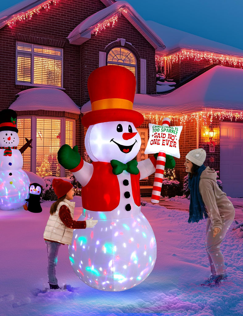 8ft Christmas Inflatable Outdoor Decoration Snowman, Gentleman Snowman Holding Sign Welcoming Guest, Built-in