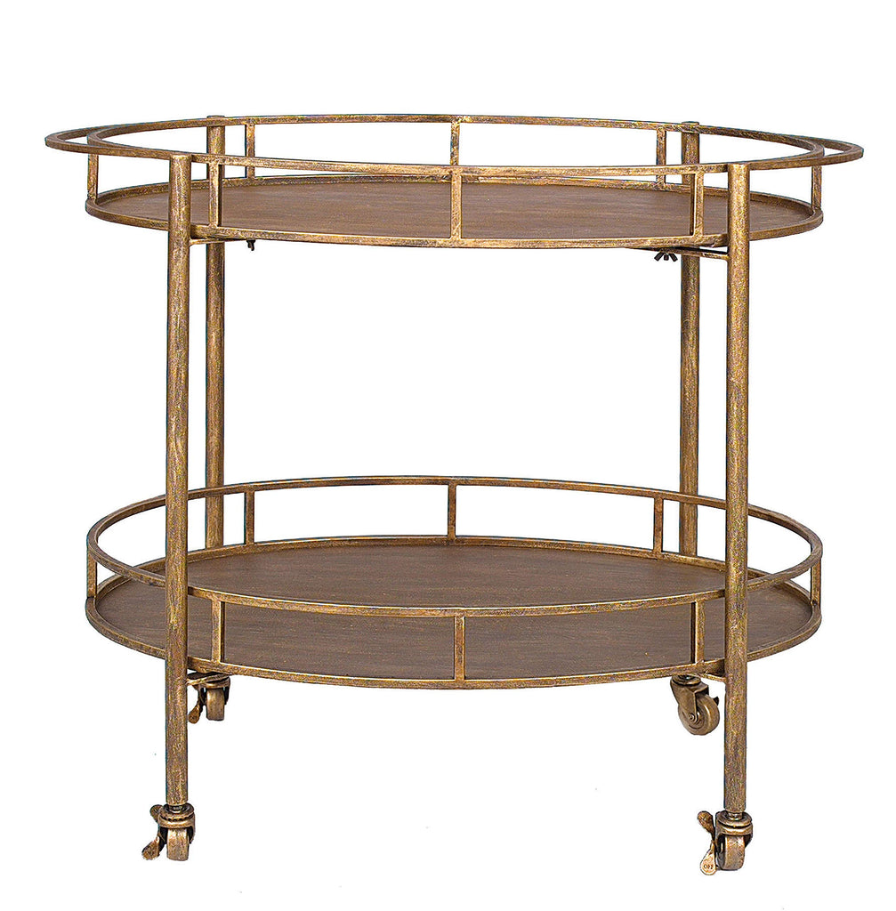 Oval 2-Tier Metal Bar Cart with Wheels, Antique Gold
