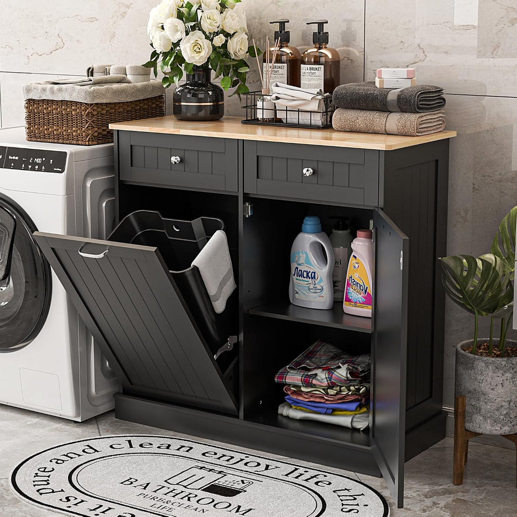 Dual Door Tilt Out Trash Can Cabinet, Pet Proof Recycling Cabinet