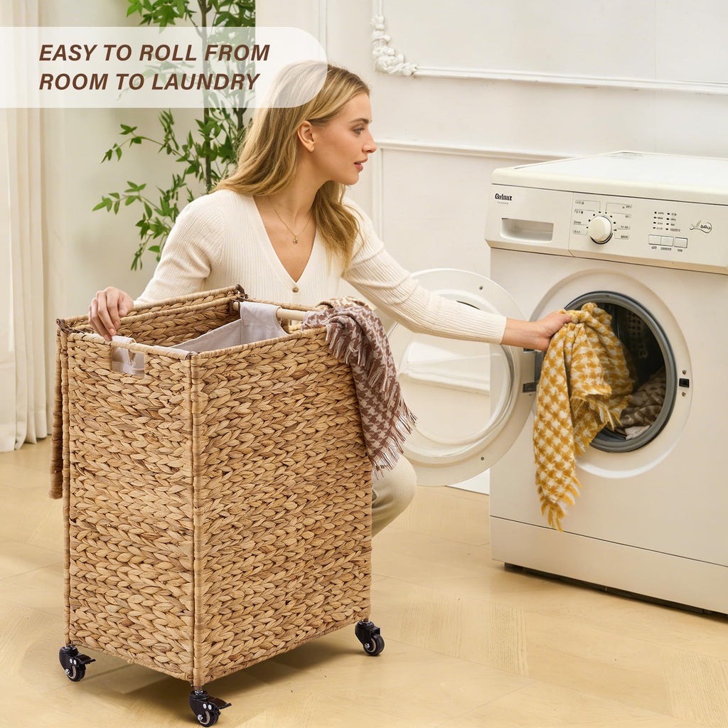 Hand-Woven Natural Water Hyacinth Laundry Basket with Wheels