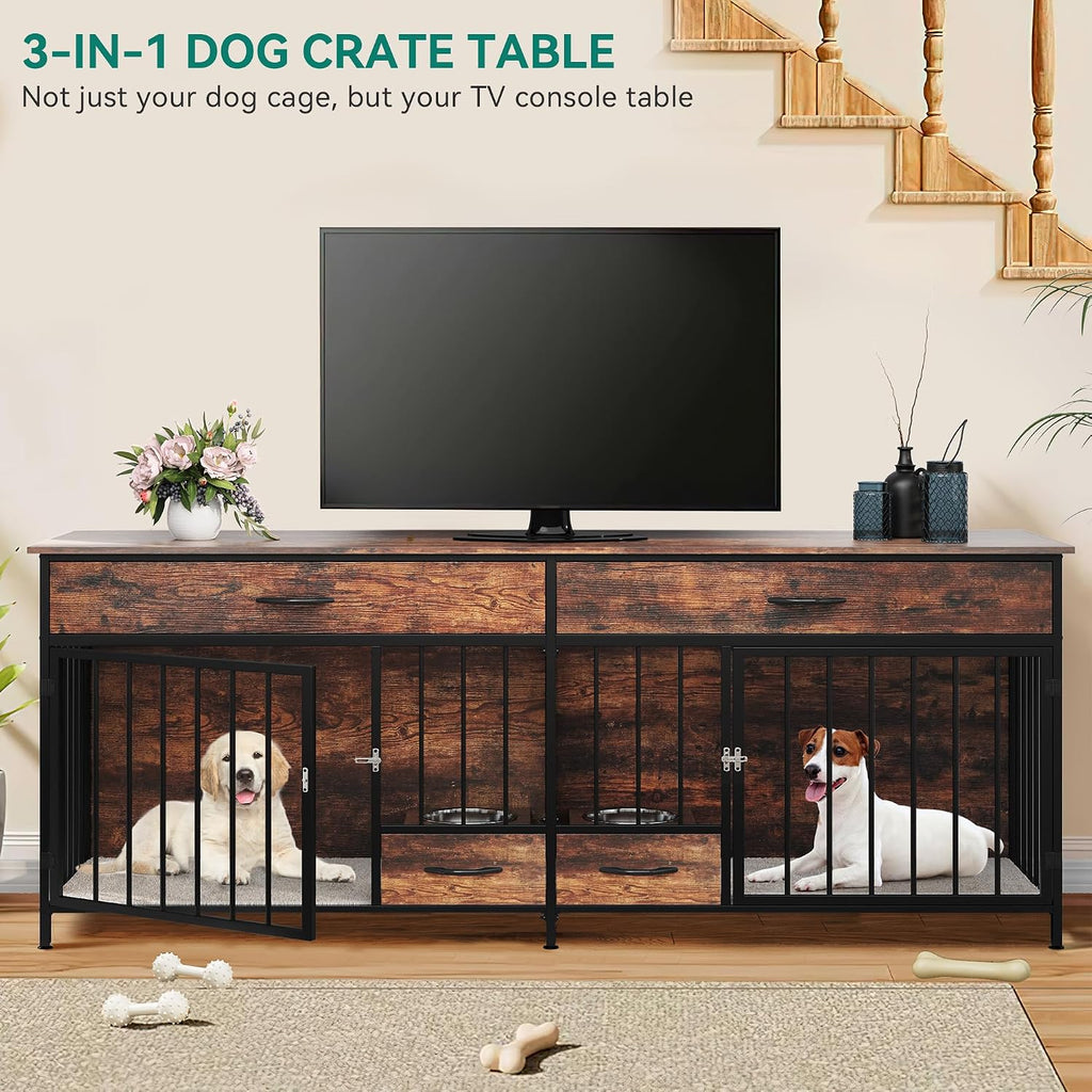 74.8" Double Dog Crate Furniture with Dog Feeder & Drawers
