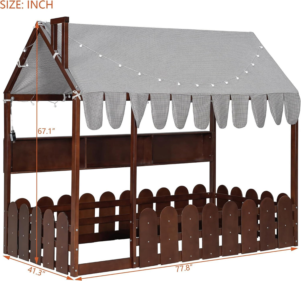 Kids Wood Floor House Bed with Fence and Storge Shelves