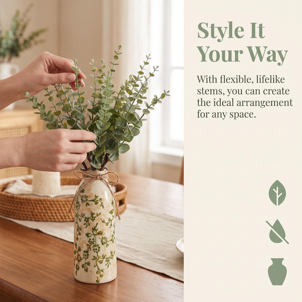 Farmhouse Artificial Eucalyptus Stems in Vintage Ceramic Vase Set (Green)