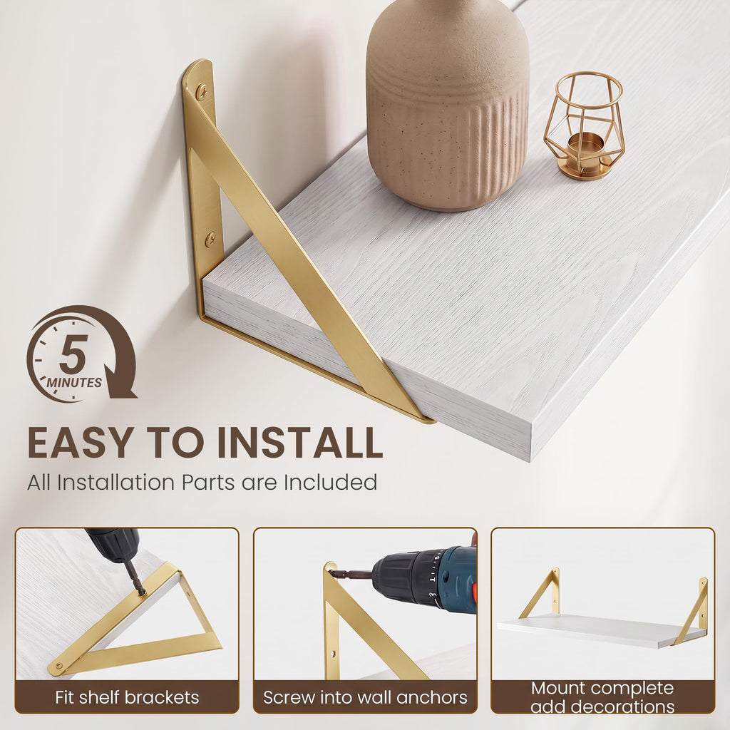 Wall Mounted Floating Shelves Set of 2, 36x8, White&Gold