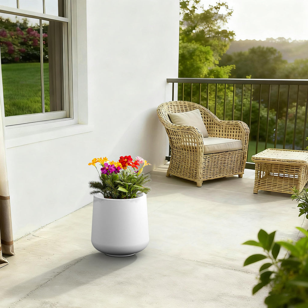 Accent Round Curved White Concrete Planter 13" Dia, Outdoor
