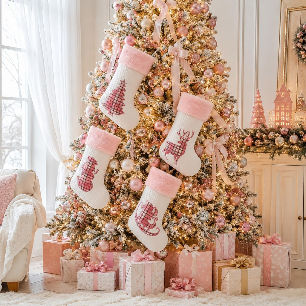 White Pink Buffalo Plaid Embroidered Christmas Stockings Set of 4