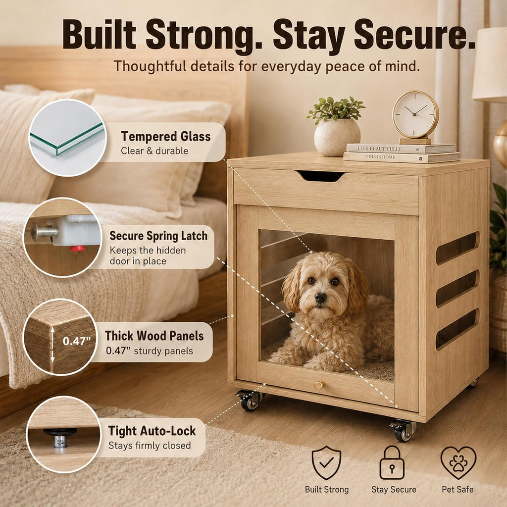 Dog Cage Furniture with Flip-Up Glass Door & Lockable Wheels -Natural Wood