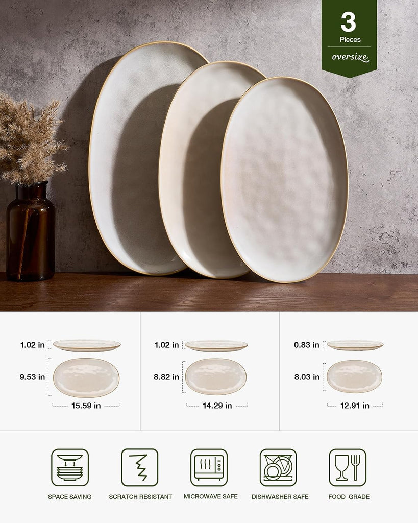 Serving Platters Set of 3 Sizes - Oval, Cappuccino White | 15.59"/14.3"/12.9" Fine Stoneware Serving Trays for Party