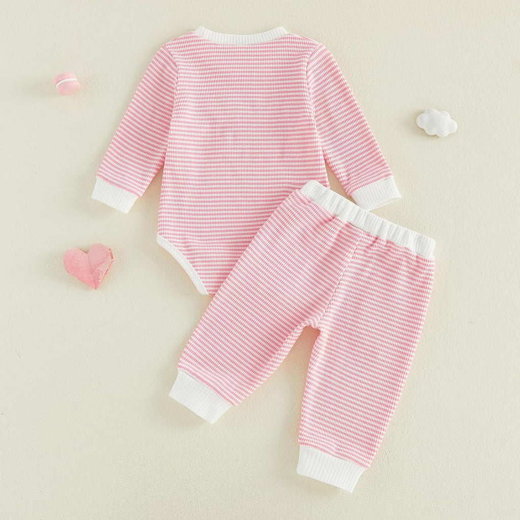 Baby Girl Fall Outfit Romper Long Sleeve Letter Embroidery Jumpsuit Bodysuit Pants Infant Waffle Clothes Set