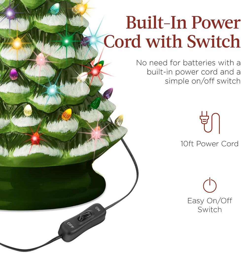 18in Large Ceramic Christmas Tree, Pre-lit Hand-Painted Tabletop Frosted Holiday Decoration w/Power Cord, 2 Star, 93
