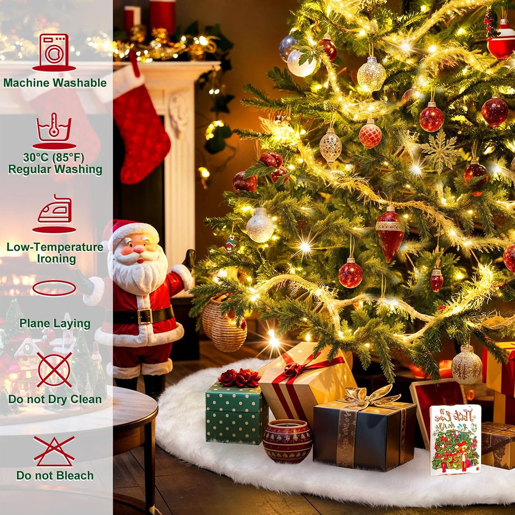 72 Inch Christmas Tree Skirt, White Faux Fur Plush Design for Holiday Decor