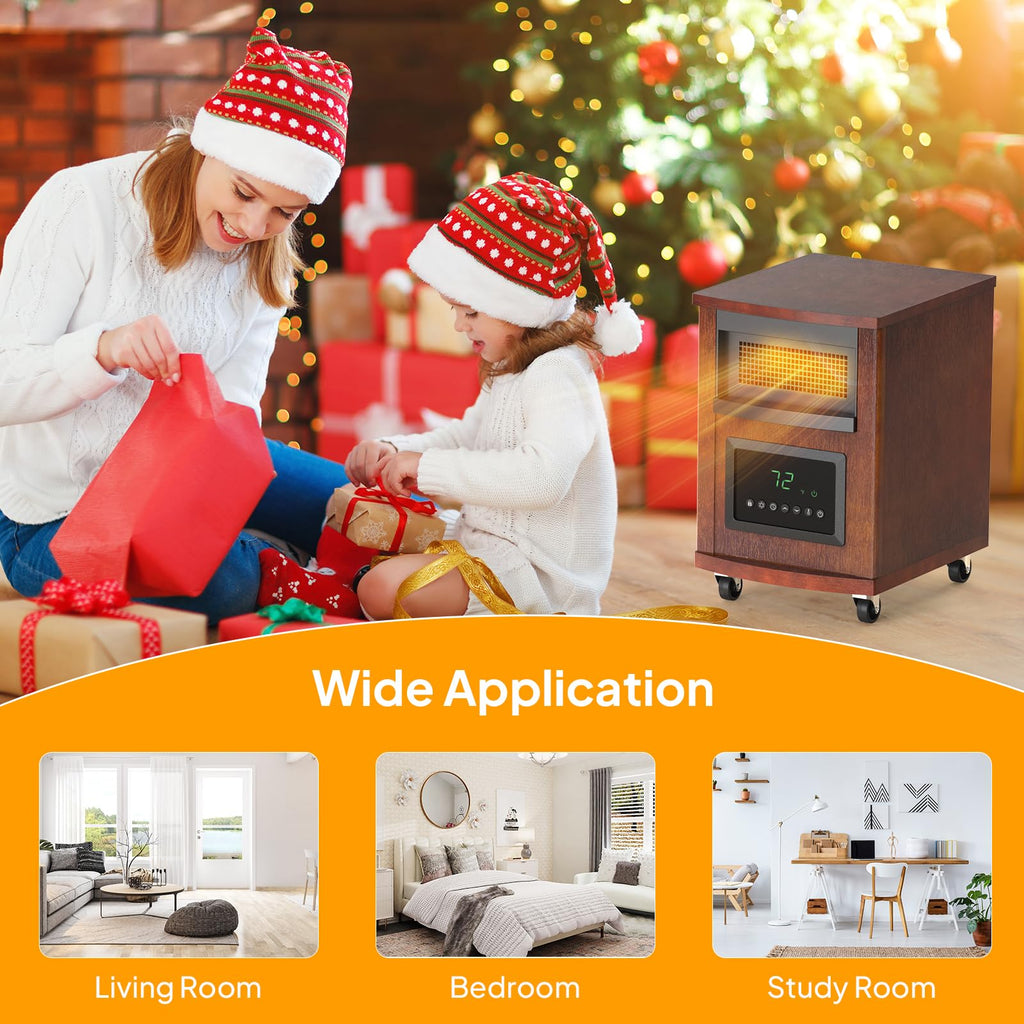 Electric Space Heater with Remote Control, 1500W Portable Quartz Infrared Heaters with Wheels, 12H Timer, Tip-Over &
