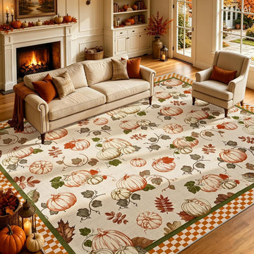 Fall Area Rugs Thanksgiving Washable Rug Non Slip, Pumpk Rug Low Pile Floor Carpet with Checkered Edge