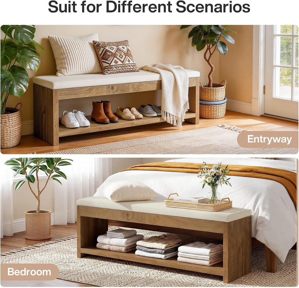 End of Bed Bench with Cushion , 55.1-Inch Wooden Upholstered Storage Bedroom Bench with Shoe Rack