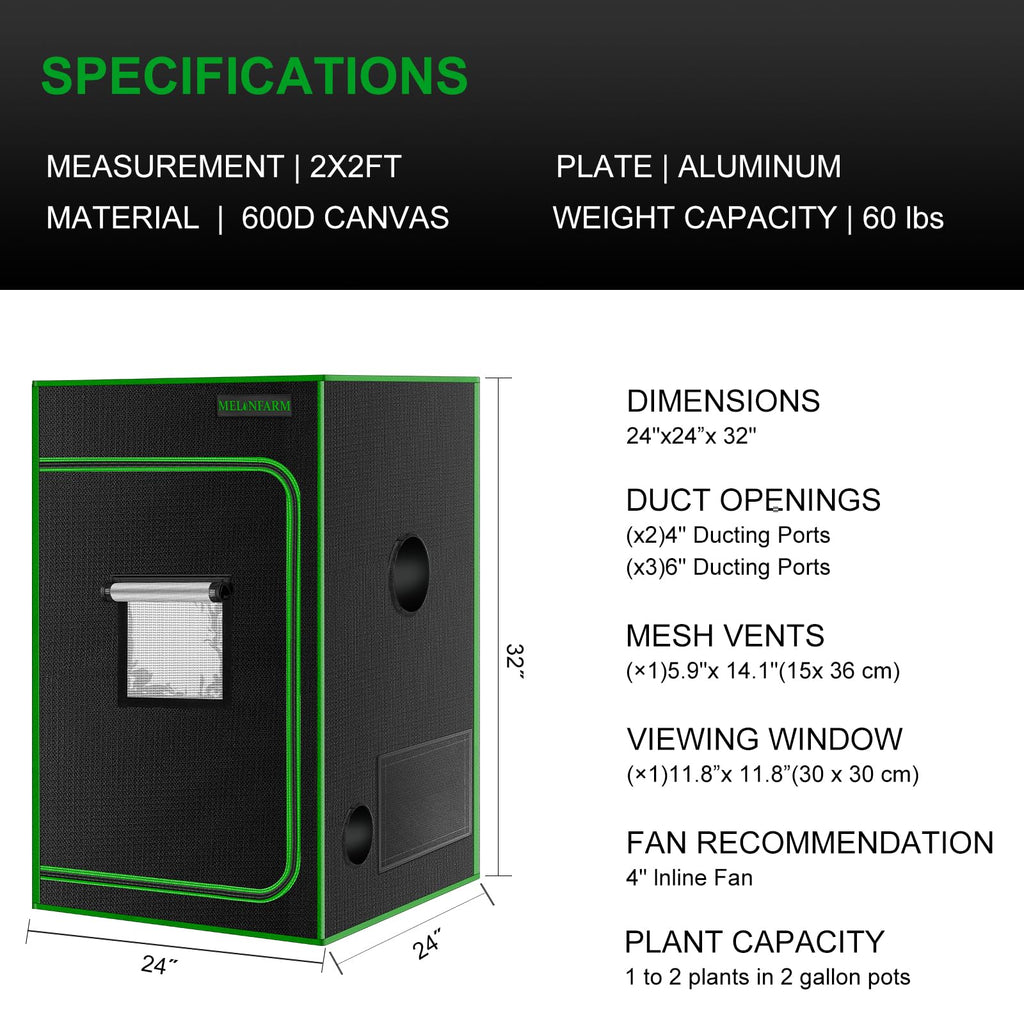 2x2 Grow Tent, 24"x24"x36'' High Reflective 600D Diamond Mylar Canvas with Observation Window and Floor Tray for