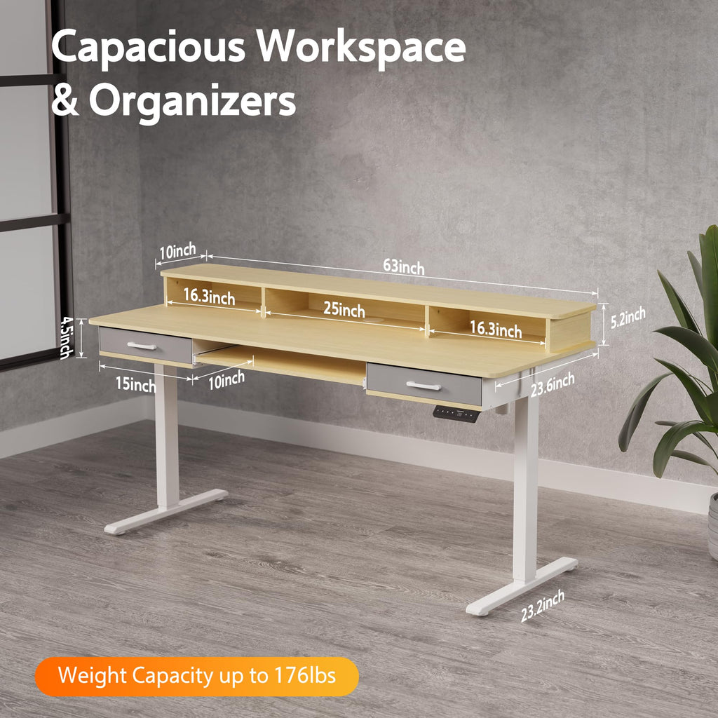 63 Inches Electric Standing Desk with Keyboard Tray, Height Adjustable Sit to Stand Table with 2 Drawers, Ergonomic