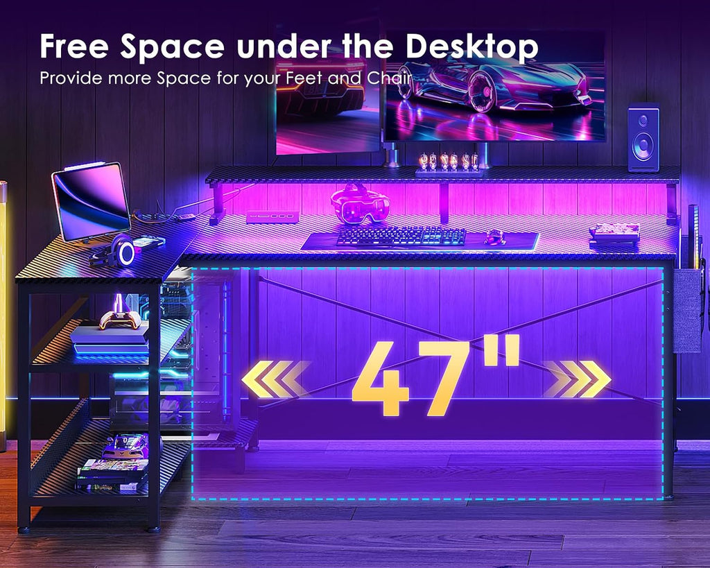 58 Inch L Shaped Gaming Desk with LED Lights, Power Outlets, Black | Adjustable Monitor Stand, Open Storage Shelves