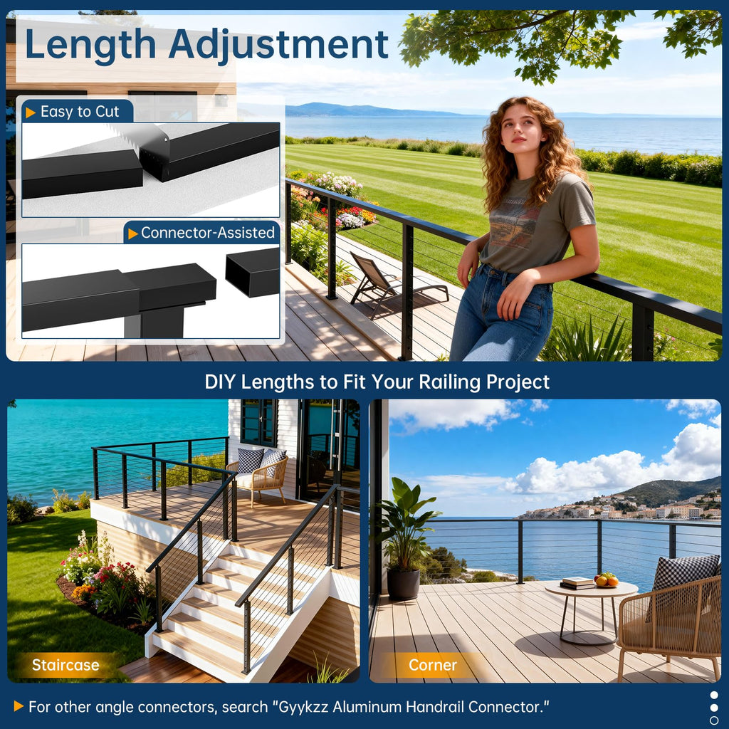 10FT Aluminum Black Cable Railing Handrail with POM Connector, 2 Pack Rectangle 3mm Thick Deck Handrail for Indoor