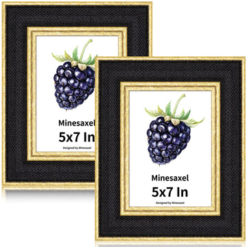 5x7 Picture Frame - Black Fabric & Vintage Gold Border HD Real Glass with Easel for Tabletop/Wall (Family Photos