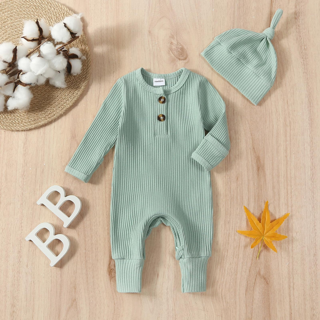Newborn Baby Boy Knit jumpsuit Ribbbed Romper Newborn Coming Home Outfit Infant Fall Winter Clothes with Hat (Cute