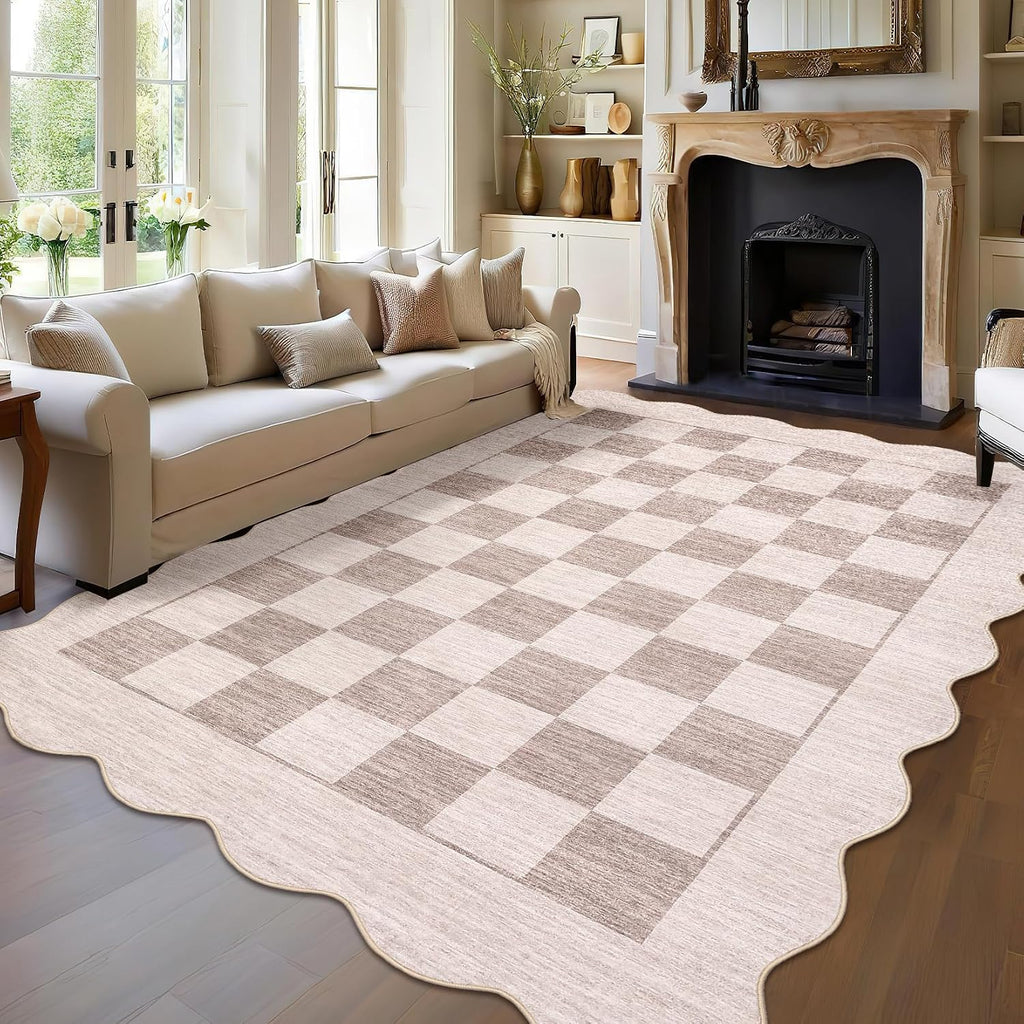 Scalloped Area Rug Modern Checkered Living Room Carpet, Non Slip Non Shedding Low Pile Indoor Rug, Machine