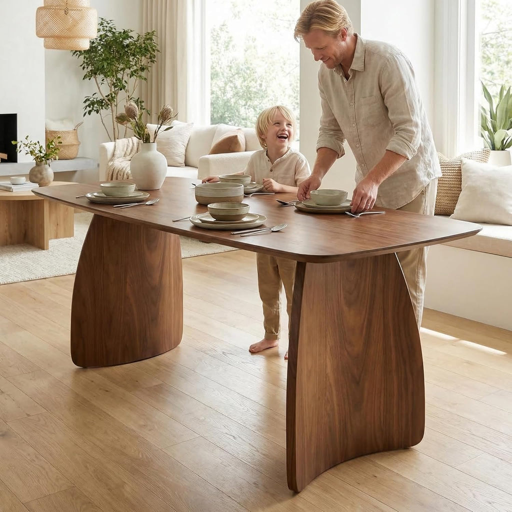 70 Inch Large Dining Table for 6-8 People, Solid Wood Kitchen Table with Curved Wooden Legs, Mid Century Modern