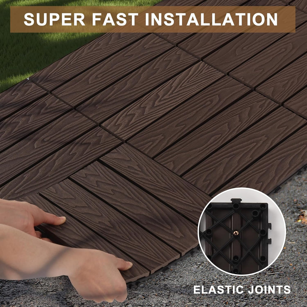 Composite Interlocking Deck Tiles Outdoor, 12"x12" Waterproof Decking Tiles Outdoor, Straight Grain Outdoor Deck Tiles