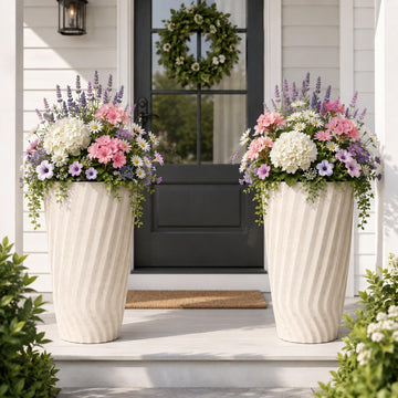 24" Vintage Ivory Marble-Textured Tall Planters Set of 2