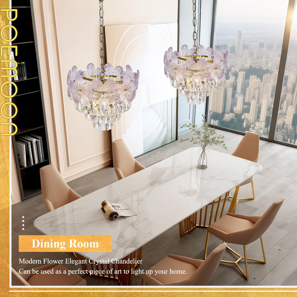 14" 3-Light Purple Flower Crystal Chandelier Gold Light Fixture