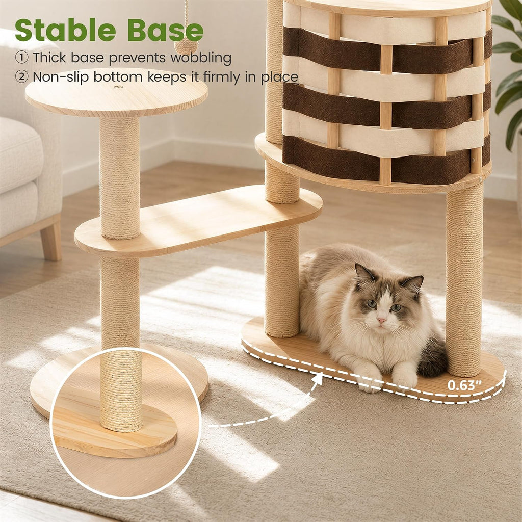 48 Inch Chessboard Solid Wood Cat Tree, Modern Cat Tower for Indoor Cats