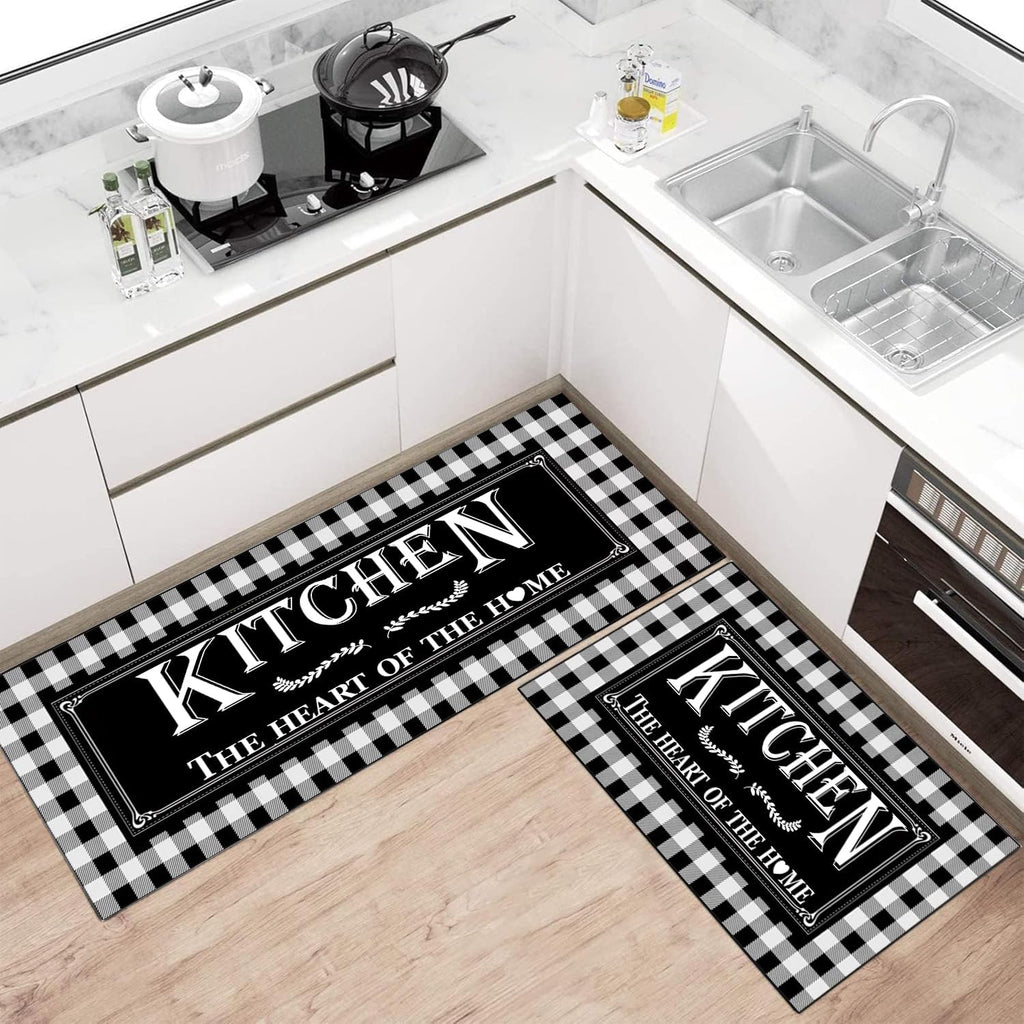 Black and White Buffalo Plaid Kitchen Rug Set of 2, Farmhouse Style Kitchen Floor Mats, Absorbent Checkered Kitchen