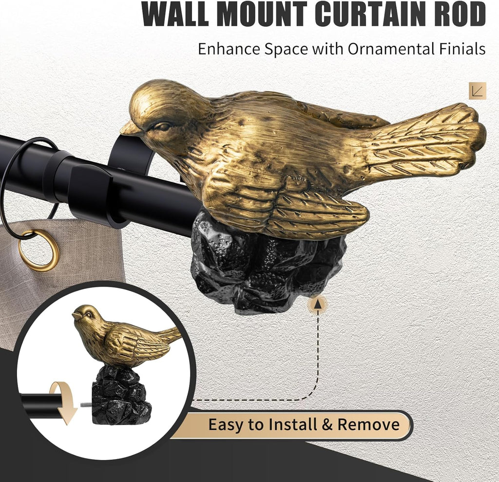 Vintage Black Curtain Rod Curtain Rods for Windows Adjustable Heavy Duty Drapery Rod with Gold Bird