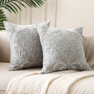 Embroidered Throw Pillow Covers 18x18 Inch, Boho Damask, Set of 2