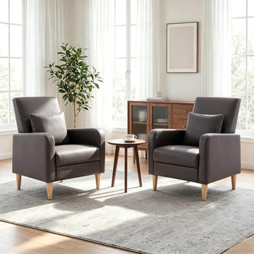 Mid-Century Modern Accent Chairs, Faux Leather Upholstered Living Room Chairs with Back Pillow & Solid Wood - Set of 2