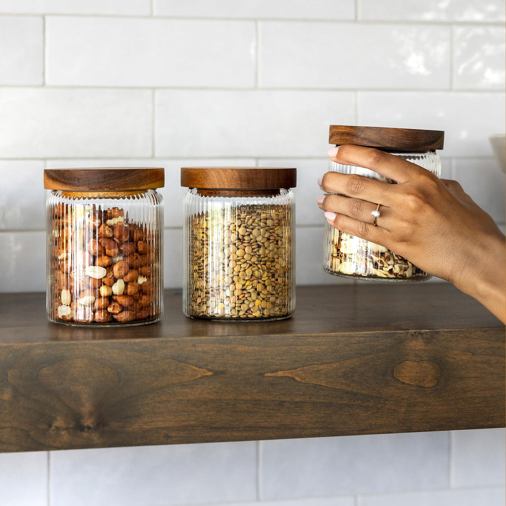 Ribbed Glass Jar with Wooden Lid 17oz, Set of 3 | Airtight Fluted Storage Canisters for Food, Tea, Coffee