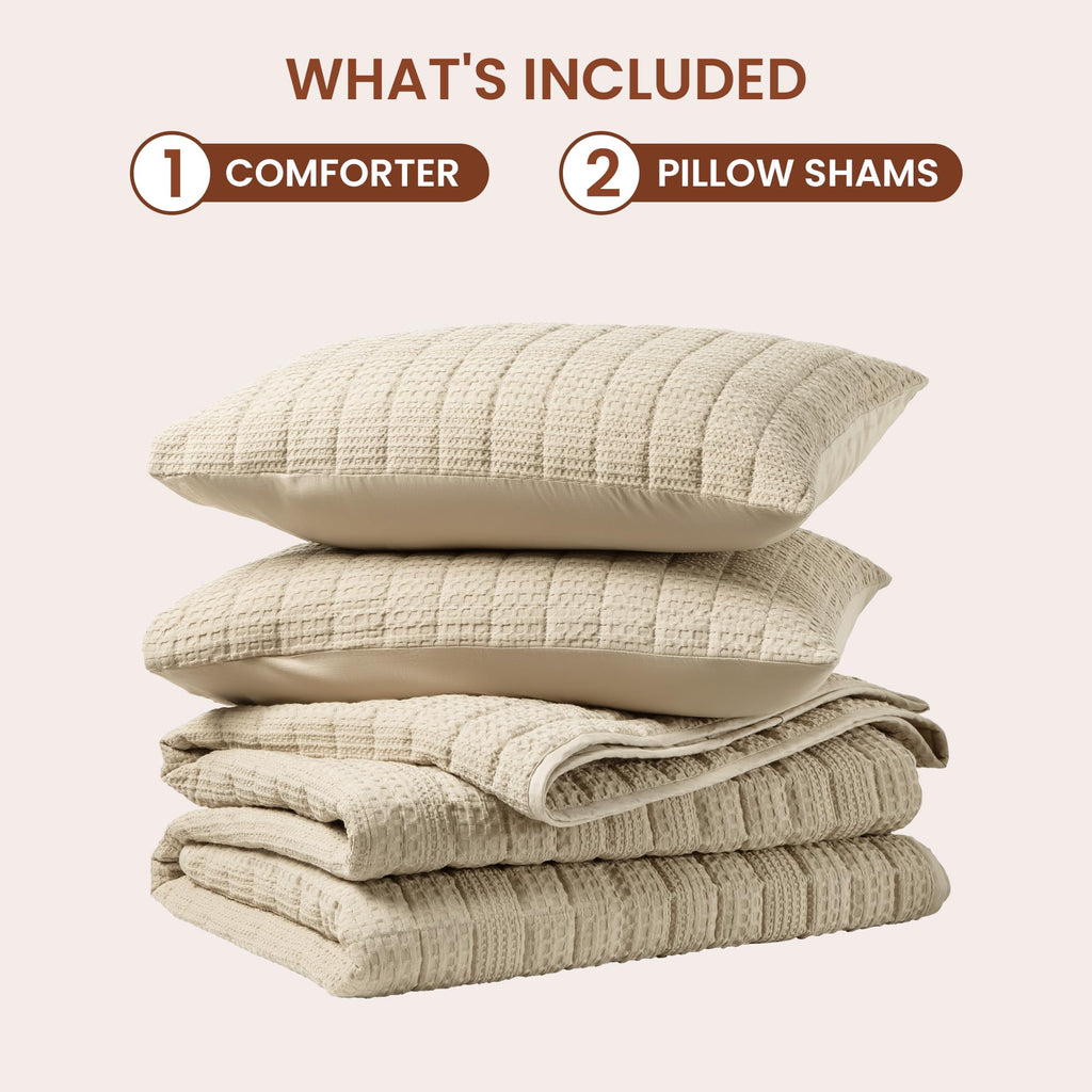 Quilt Set, 100% Cotton Waffle Weave 3 Piece, Khaki