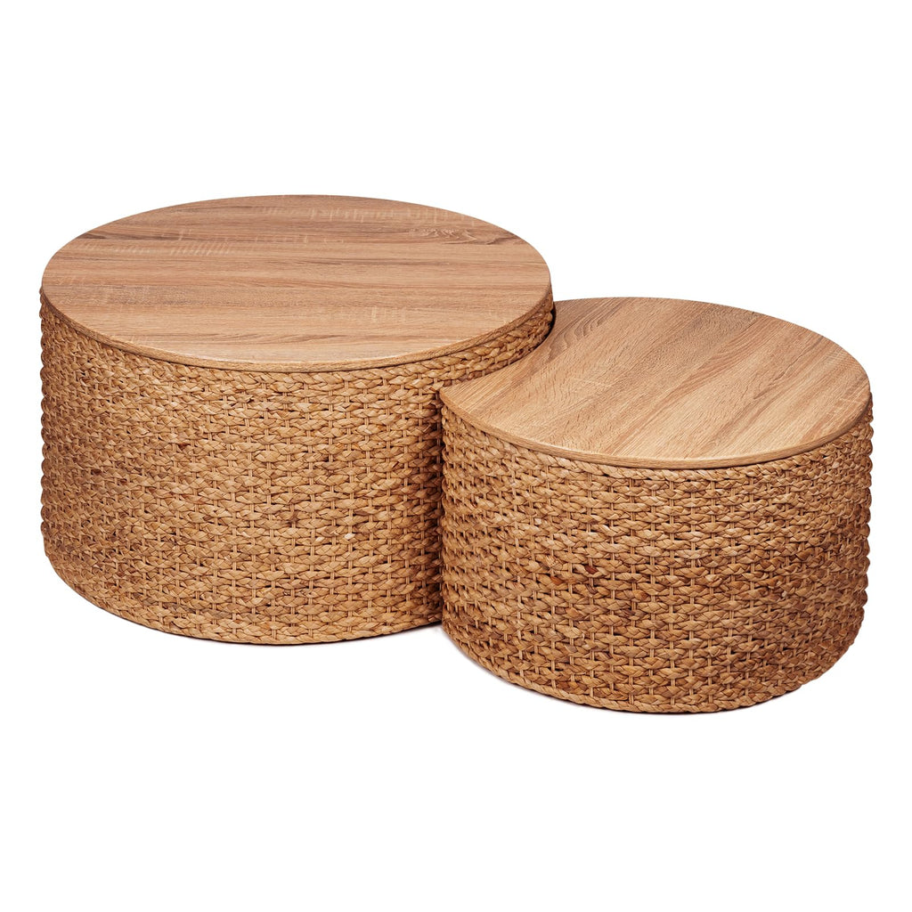 Round Nesting Coffee Table Set of 2 with Storage - Handwoven Wicker Rattan Ottoman Style, Boho Coastal Coffee Tables