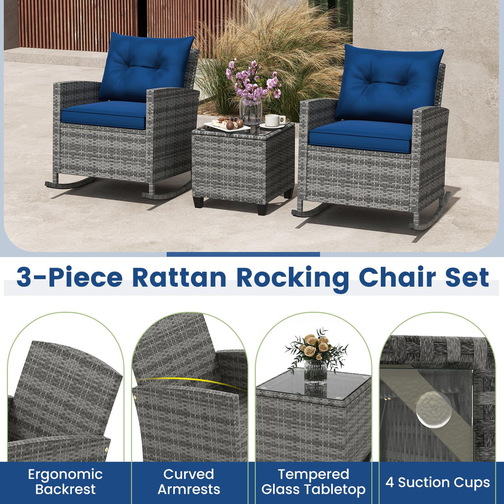 3 Piece Wicker Rocking Set, Patio Rattan Roker Chairs with Tempered Glass Table & Soft Cushions, Outdoor Furniture