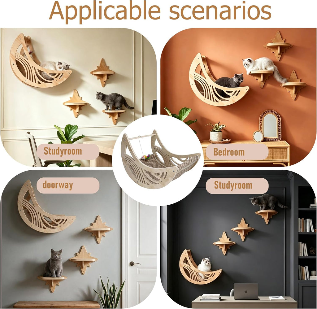 Moon and Star Cat Wall Mount with Anti-Slip Mat, Stable Cat Furniture