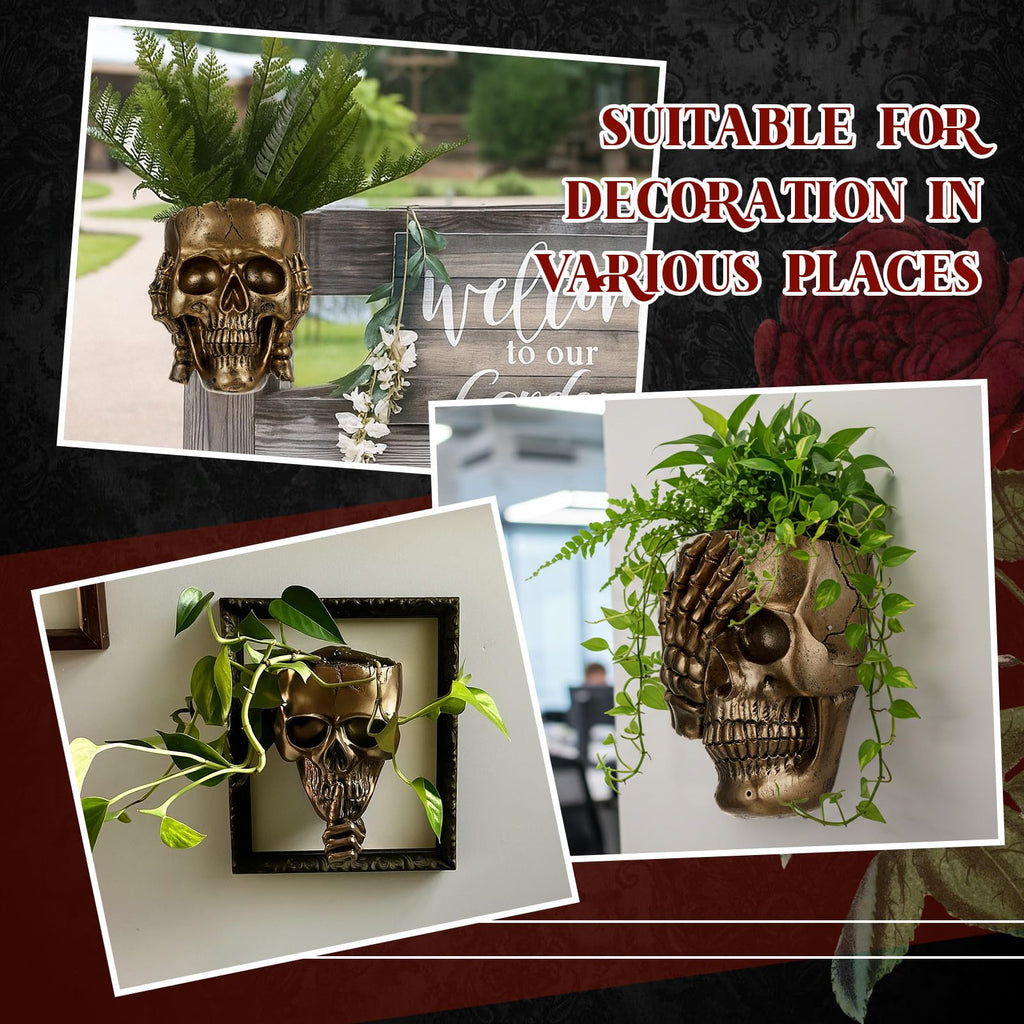 3 Pcs Skull Wall Planters, Gothic Hanging Skeleton Pot Set, Gold