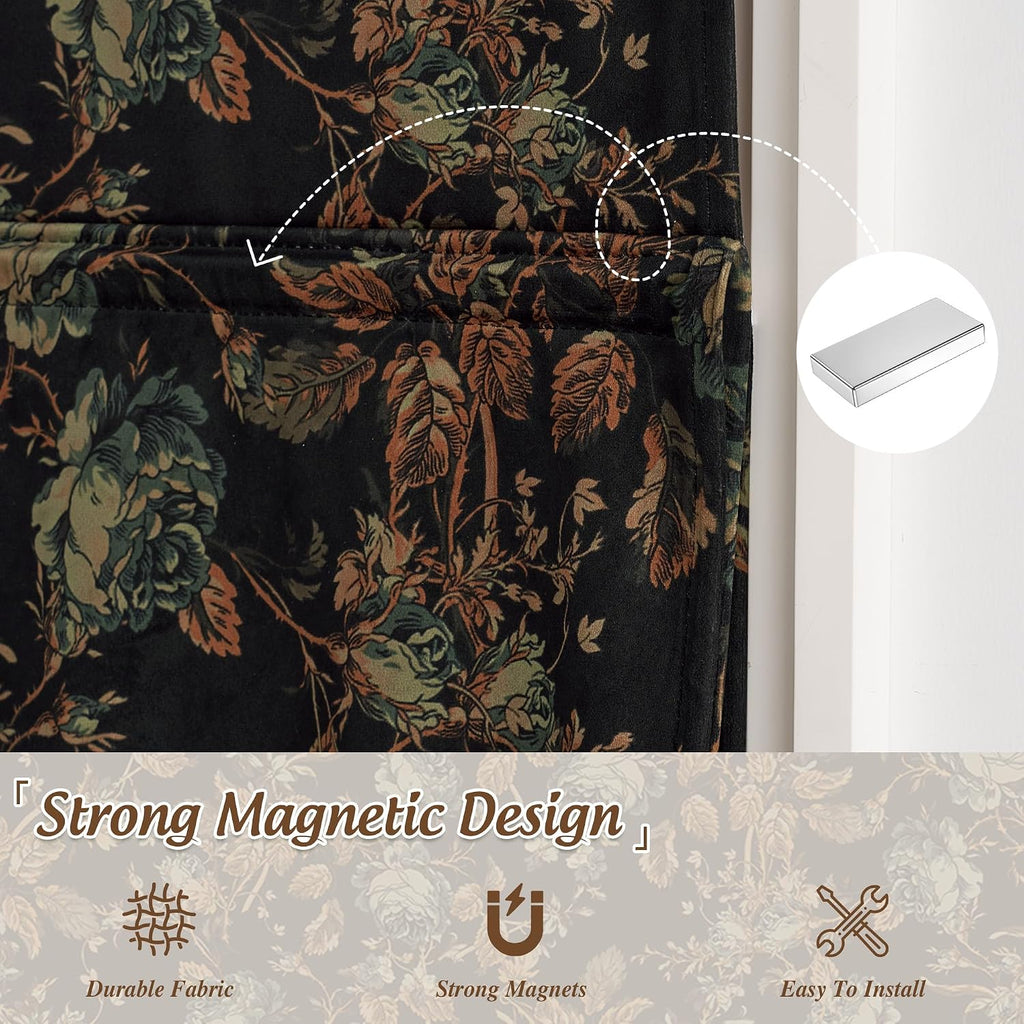 Black Floral Roman Shades for Windows, Cordless Magnetic Velvet Window Blind with Privacy Vintage Moody Botanical