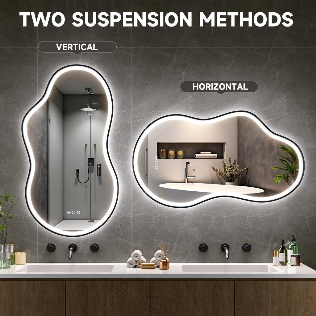 Irregular Bathroom Mirror with Lights - 25"x45" LED Asymmetrical Wall Mirror, Abstract Modern Lighted Vanity Mirror