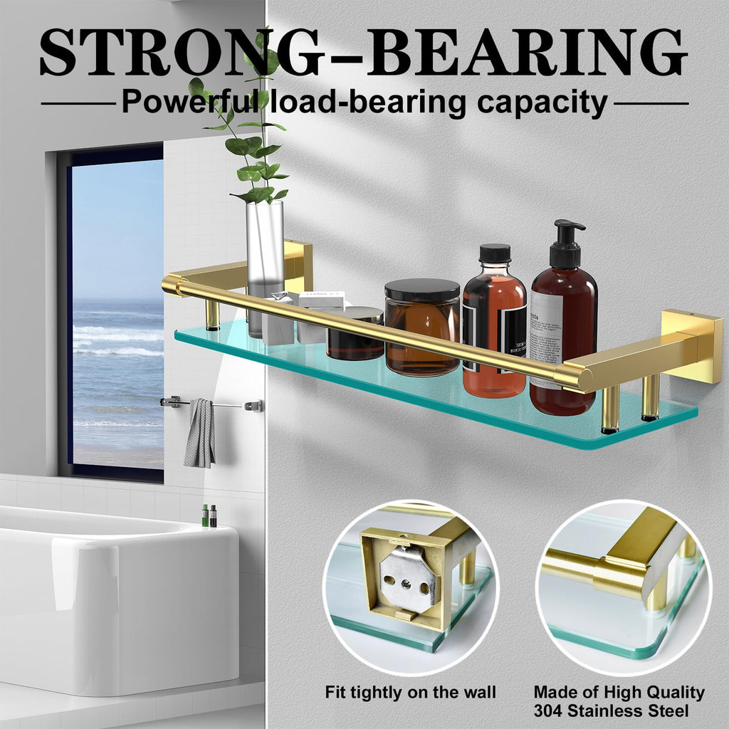 Glass Shelf, 20 Inch Tempered Glass with Brushed Gold Stainless Steel Railing, Floating Glass Shelves Sink Over