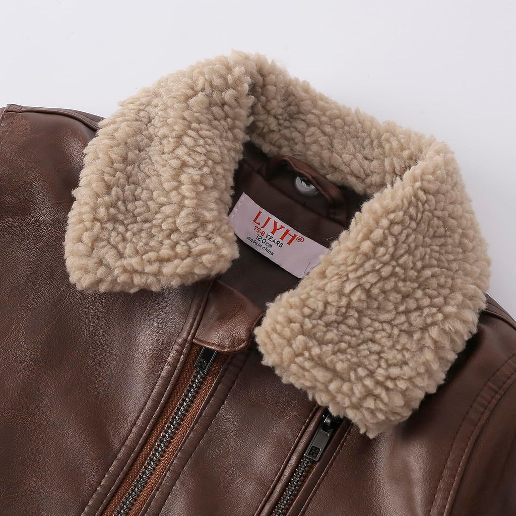 Kids Brown Vintage Style Aviator Quilted Faux Leather Jackets Boys Warm Padded Biker Motorcycle Bomber Pu Leather