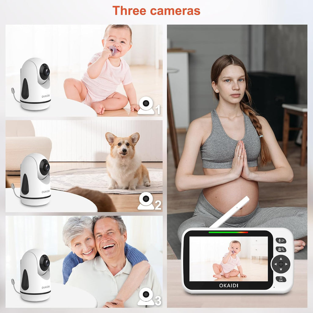 5" Screen Pan-Tilt-Zoom Video Baby Monitor with 3 Cameras No WiFi